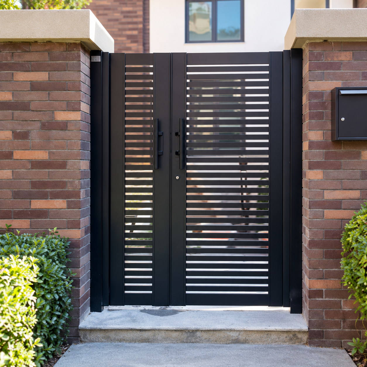Double-leaf aluminium slat garden gate between brick posts