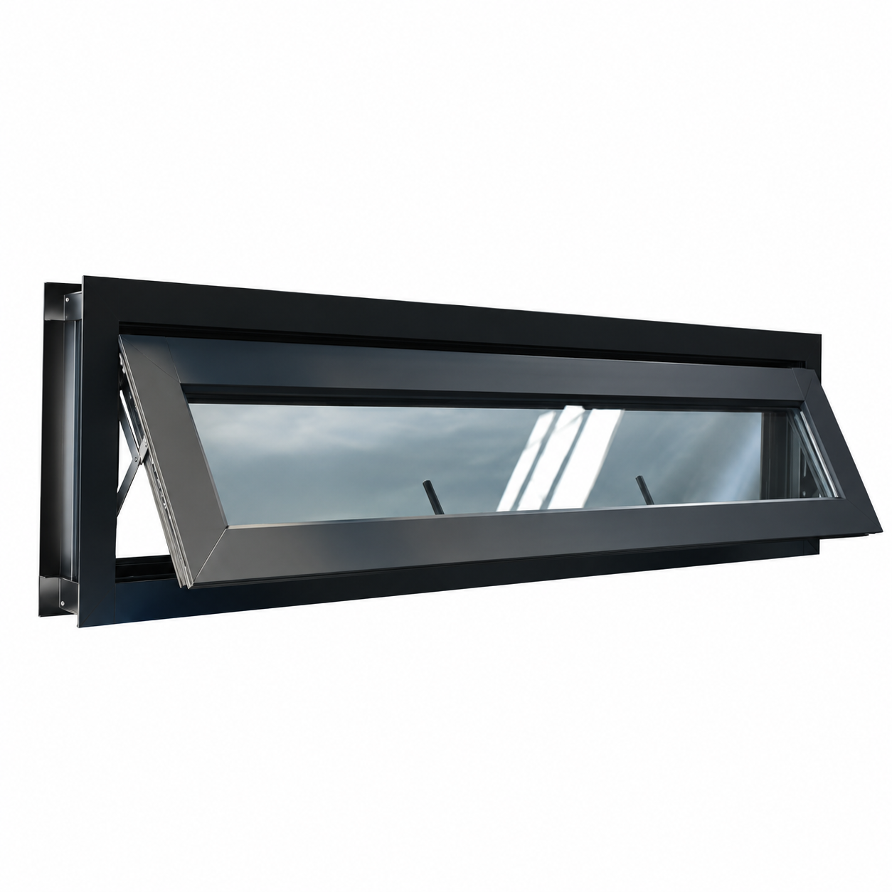 Compact aluminium hopper window in a tilting position